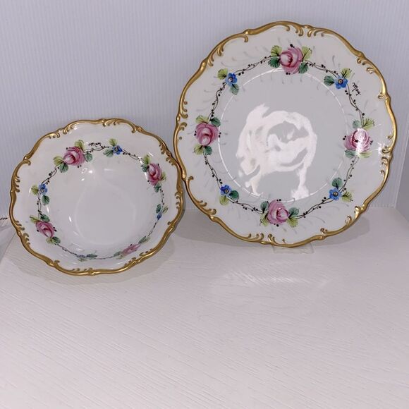 Vintage Tirschenreuth 1838 Germany Gold Trim Hand Painted Porcelain Dish & Plate - Picture 9 of 13